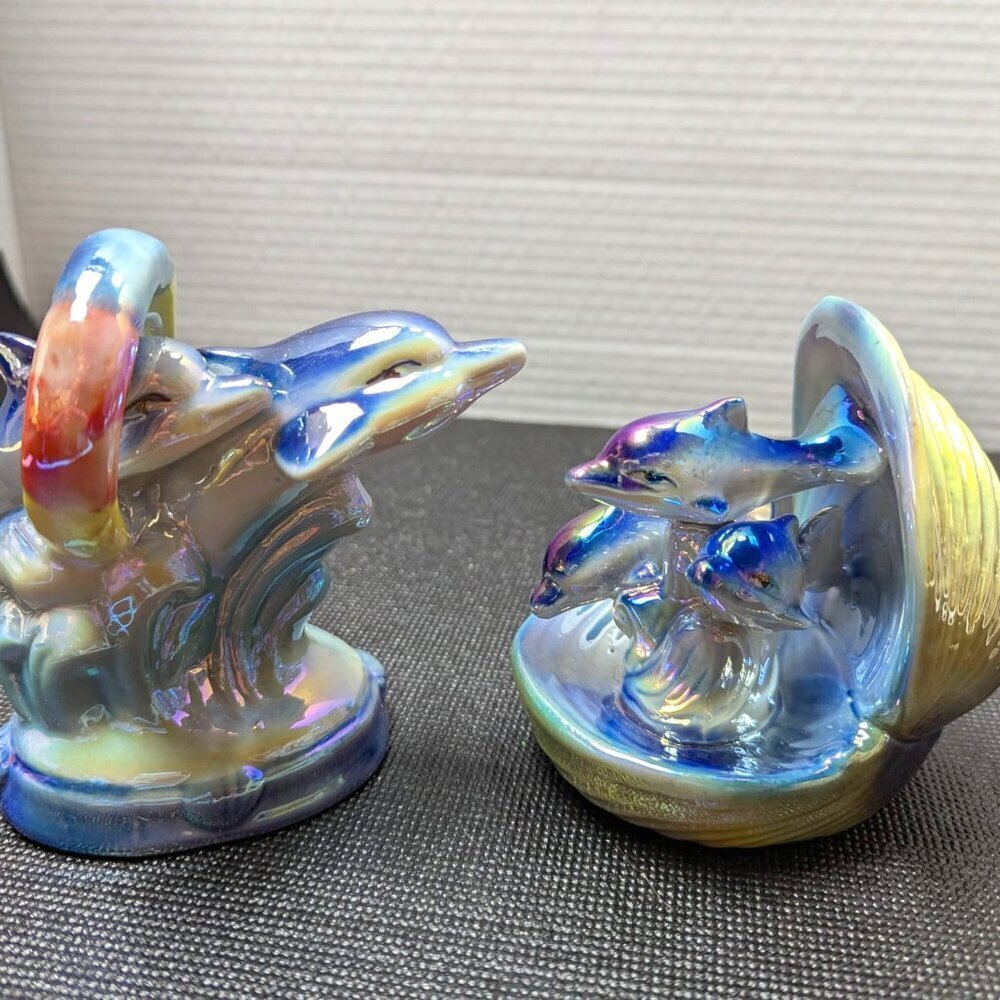 Set of 2 Vintage 90s Baby Dolphin Figurines Iridescent Blue Purple Yellow Decor